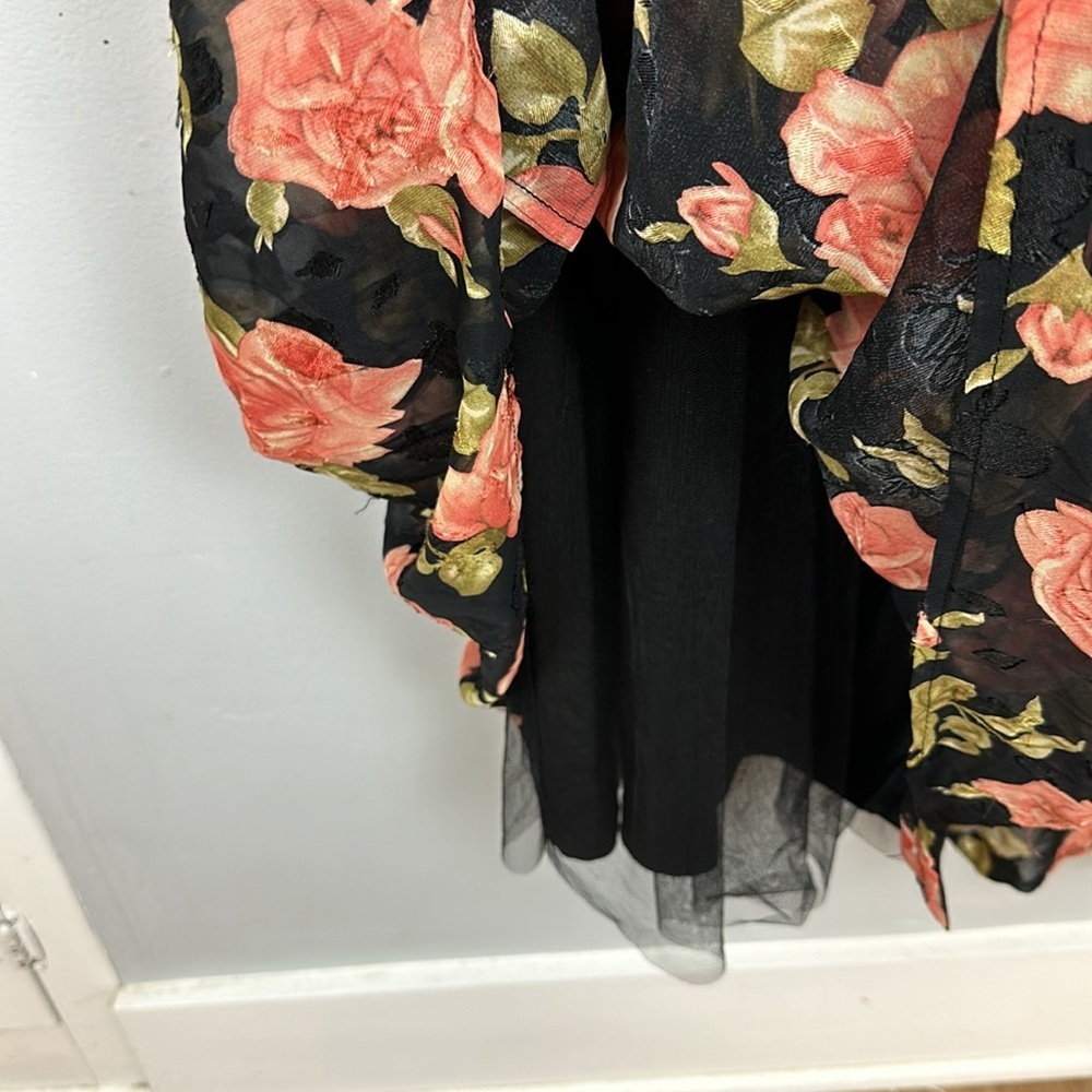 Unique Vintage Black Floral Fit-and-Flare Dress with Peach Roses - Picture 9 of 13